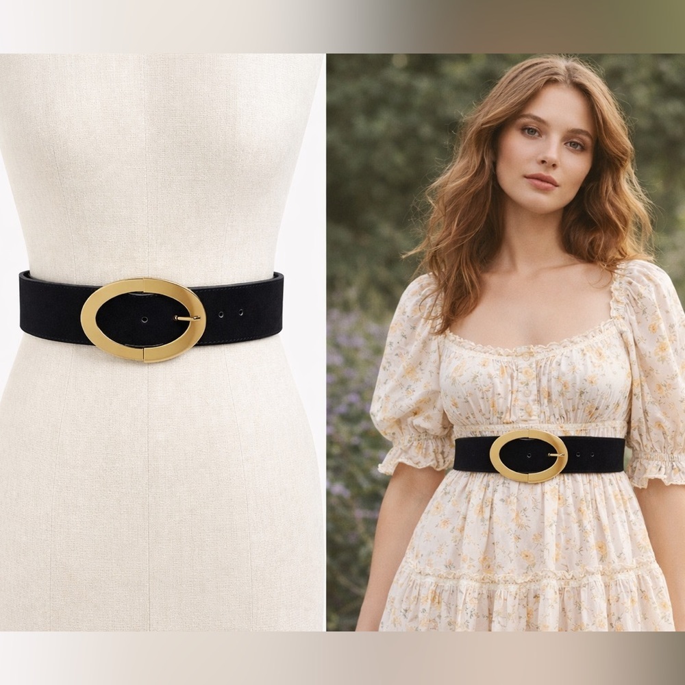 ZARA Black Suede Waist Belt Gold Oval Buckle Wide‎ Statement Belt